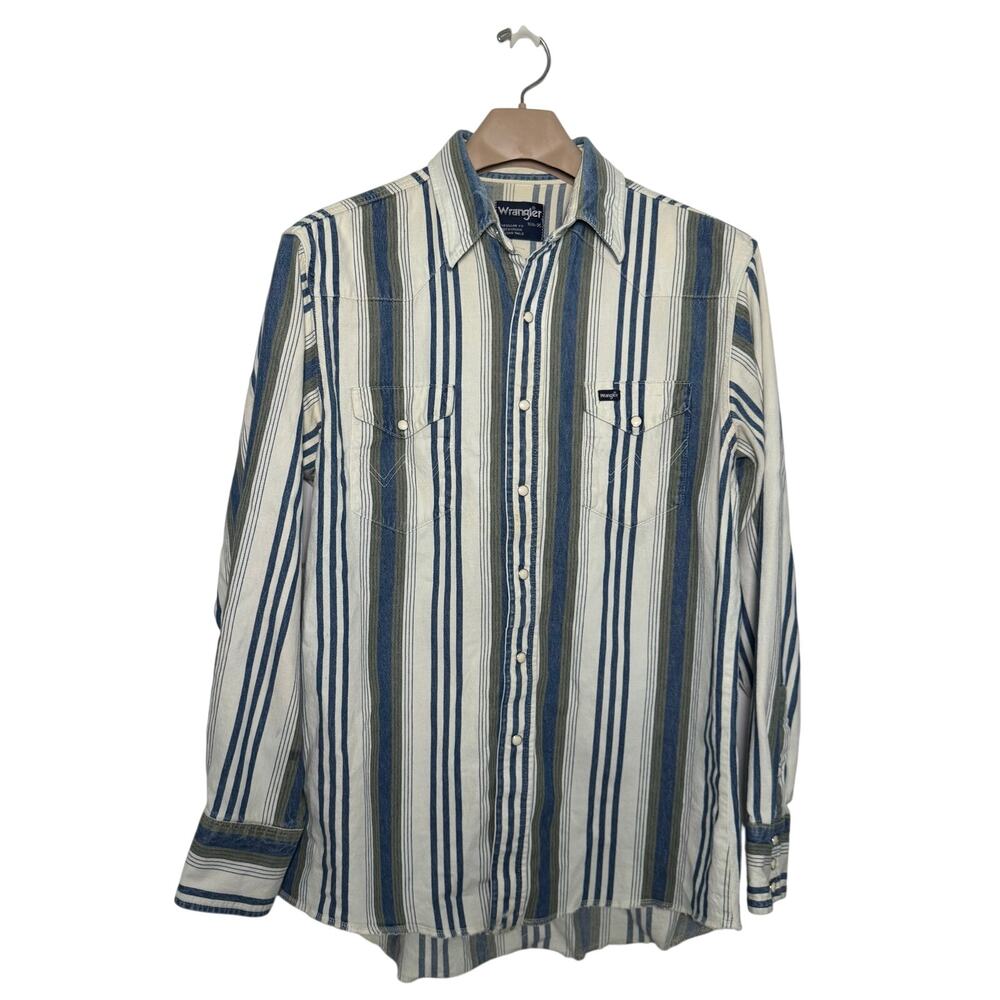 Wrangler Cotton Pearl Snap Shirt Blue Green Stripe Long Sleeve 16 1/2 - 35 Mens